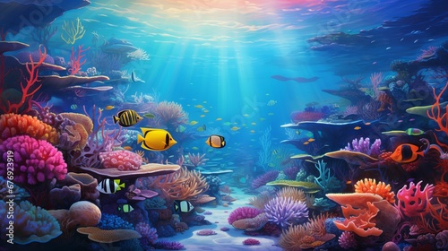Group of Aquatic Creatures Swimming in a Colorful Coral Reef