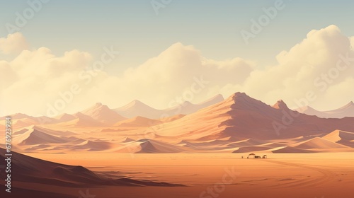 As the sun rises over the desert landscape, the sky illuminates a stunning mountain range and aeolian sand dunes in the distance