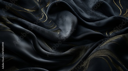 Luxury black silk fabric with rippled wave pattern and textured wrinkles