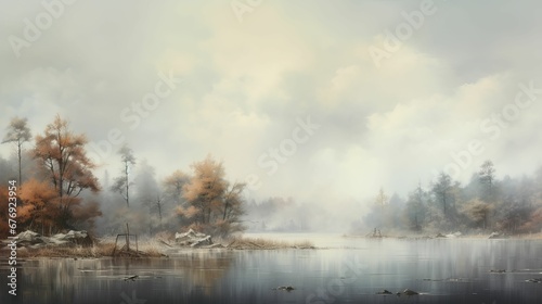 Misty winter landscape with foggy reflections on lake and trees