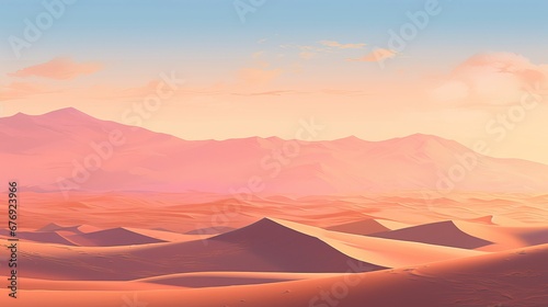 A breathtaking desert landscape with majestic sand dunes and mountains, illuminated by a vibrant sunset and scattered clouds in the sky