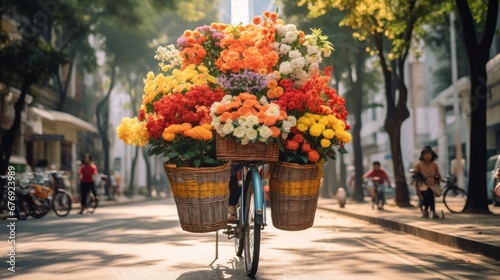 An iconic picture of Ha Noi is a mobile flower shop on a bicycle. Autumn is a great time to visit these unique boutiques because there are lots of beautiful flowers. photo