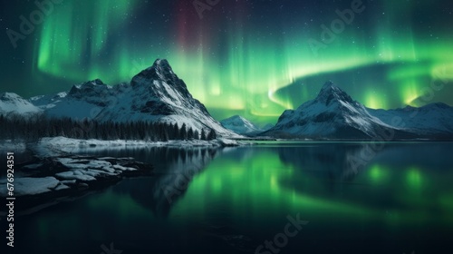 Aurora Borealis above a lake. Starry night sky with aurora borealis. Marvelous Winter Epic Magical Scene with snow-covered mountains.