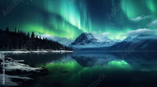 Aurora Borealis above a lake. Starry night sky with aurora borealis. Marvelous Winter Epic Magical Scene with snow-covered mountains.