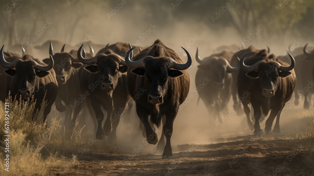 Group of Cape buffalo (Syncerus caffer) . Wildlife concept with a copy space. - obrazy, fototapety, plakaty 