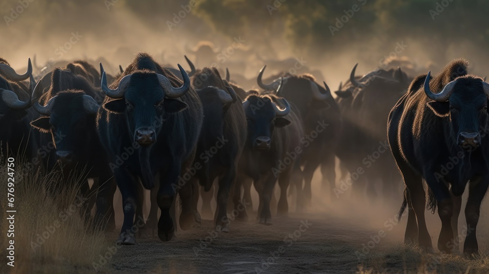 Buffalo herd in morning light. Wildlife concept with a copy space. - obrazy, fototapety, plakaty 