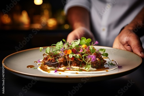 Expert food stylist carefully decorating a delicious meal for elegant restaurant presentation