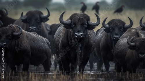 Buffalo herd in the rain. Wildlife concept with a copy space.