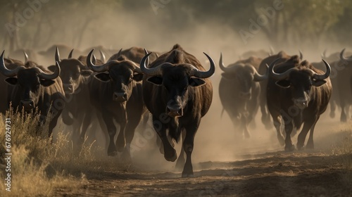 Group of Cape buffalo (Syncerus caffer) . Wildlife concept with a copy space. © John Martin