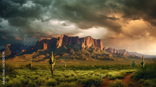 Thunderstorm over the Superstition mountains in Arizona at sunset  photo