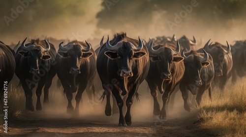 Herd of Cape buffalo running in the morning mist, South Africa. Wildlife concept with a copy space.
