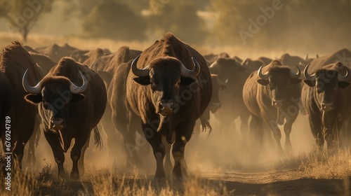 Bulls in the golden light of the morning sun, South Africa. Wildlife concept with a copy space.