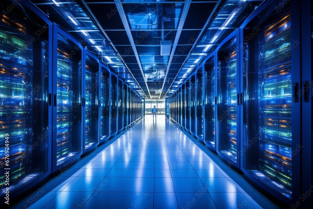 Sophisticated data center showcasing organized server racks emitting a mesmerizing blue glow