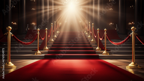 Red Event Carpet, Stair and Gold Rope Barrier Concept of Success and Triumph. Made with generative ai photo