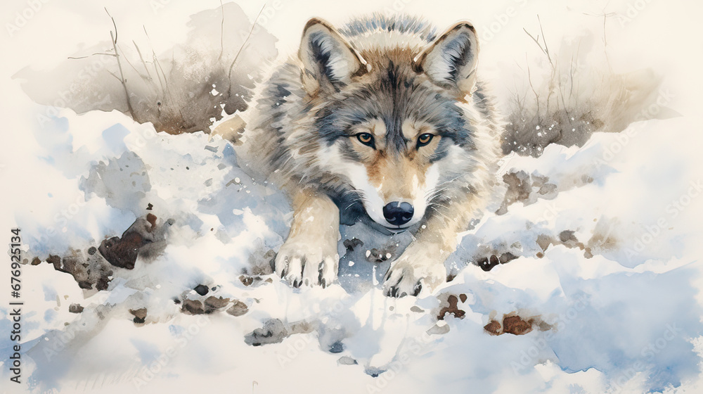 Whimsical interpretation of a wolf cub's first winter, paw prints in freshly fallen snow Ai Generative Whimsical interpretation of a wolf cub's first winter, paw prints in freshly fallen snow Ai Generative