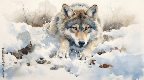 Whimsical interpretation of a wolf cub's first winter, paw prints in freshly fallen snow Ai Generative