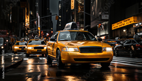 Fotografie, Tablou Bustling downtown new york city street scene with yellow cabs in motion blur  16