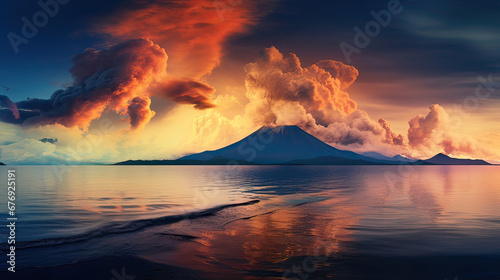 Volcanic island silhouette emerging from the horizon Ai Generative 