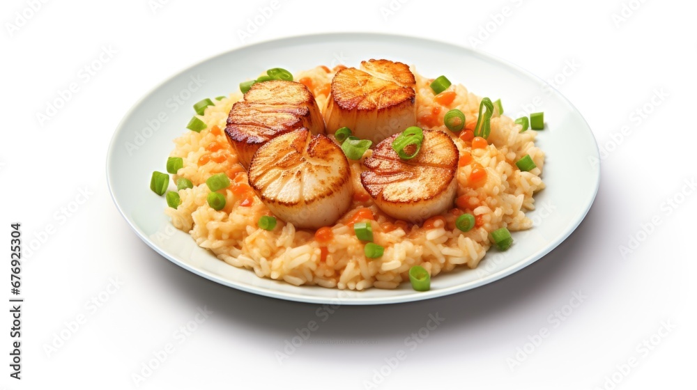 A white plate topped with rice and scallops, tasty risotto dish. A white plate topped with rice and scallops, tasty risotto dish.