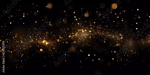 Dark background with golden glowing. Small gold particles on a black background. photo
