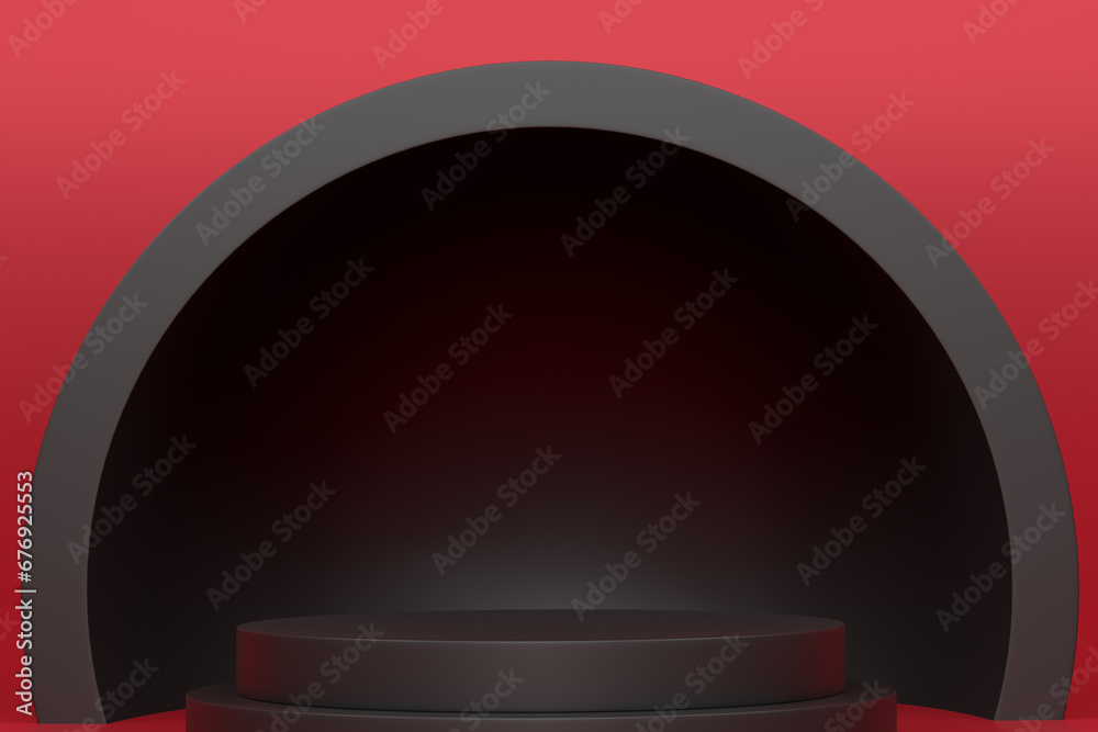 Pastel black cylinder podium with steps on red background Pastel black cylinder podium with steps on red background