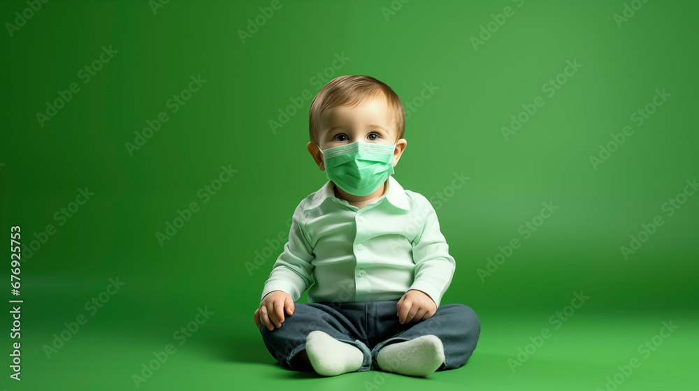 Kid in a medical mask sits on a green background Kid in a medical mask sits on a green background