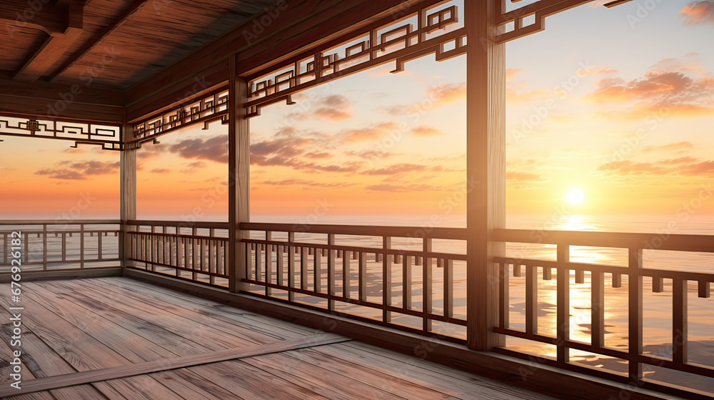 Wooden Japanese balcony extending over the sea with soft sunset colors in the horizon Ai Generative