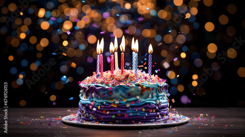 Vibrant confetti explosion behind a birthday cake crowned with sparkling candles Ai Generative