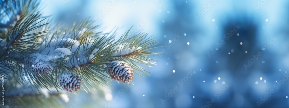 Christmas snowy winter holiday celebration greeting card banner panorama - Closeup of pine branch with pine cones and snow, defocused blurred background with blue sky and bokeh lights and snowflakes