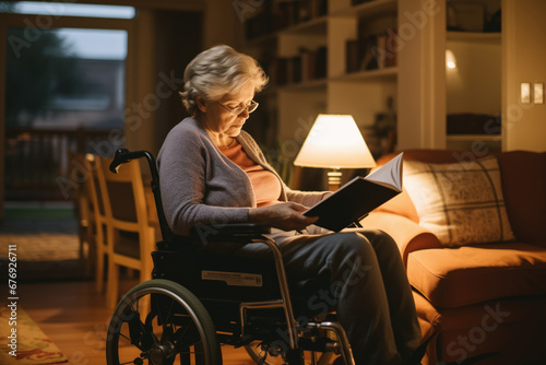 Senior disabled woman in wheelchair reading a book in living room photo