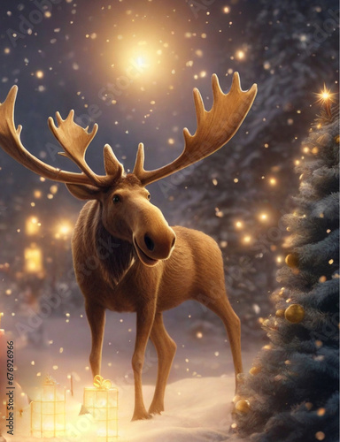 deer with christmas tree  golden light   winter   merry christmas  background poster  wallpaper  ai generated