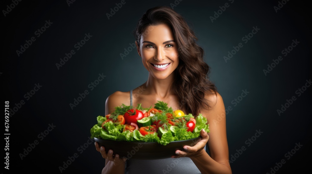 Mature woman holding vegan salad with many vegetables. Veganuary, Healthy lifestyle concept. Senior lady Portrait with healthy fresh vegetarian salad.. Mature woman holding vegan salad with many vegetables. Veganuary, Healthy lifestyle concept. Senior lady Portrait with healthy fresh vegetarian salad..