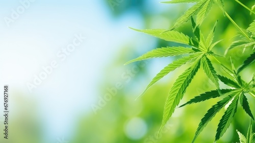 Cannabis leaves background. Hemp plant green leaf close-up. Growing organic cannabis herb plantation on the farm. Marijuana  cultivation  alternative medicine concept.