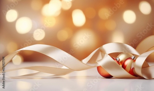 Shiny bright Christmas balls and wavy ribbon on beige table top, AI generator