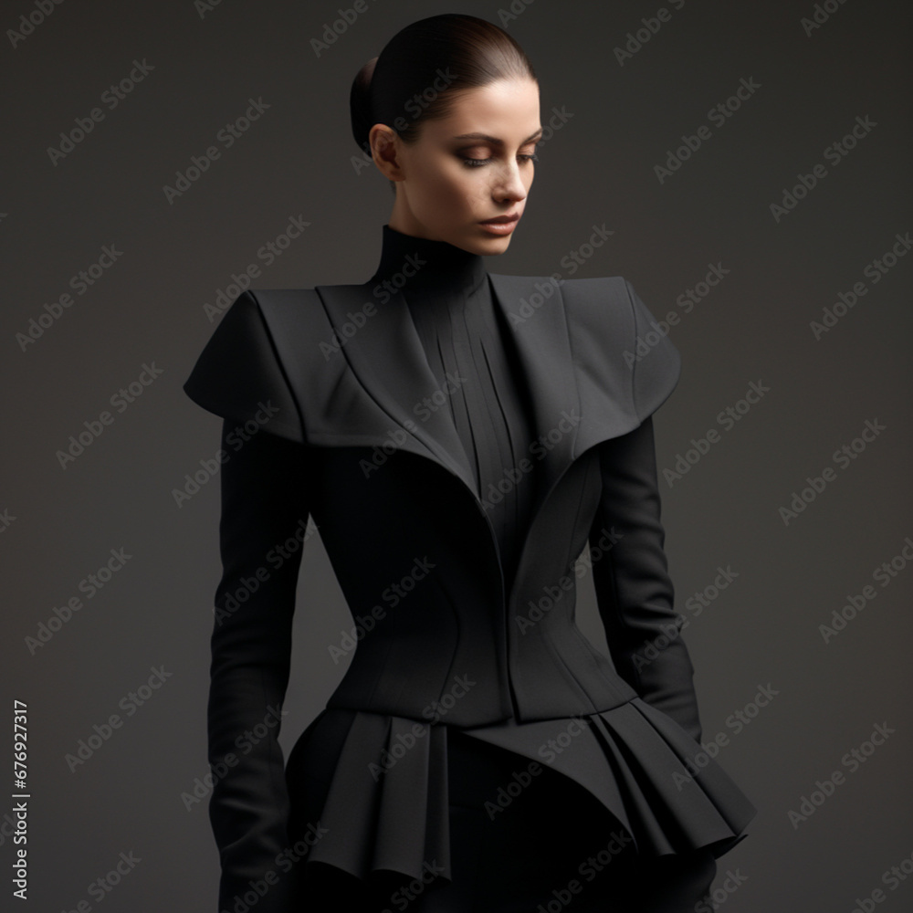 fashion model posing in studio, model,studio, black jacket, avant-garde style, unique, intrestreting luxurious, big shoulder 