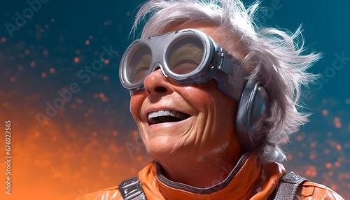 Close-up of a senior woman, with short flowing white hair and donning goggles, joyfully smiling and embracing the pleasures of life