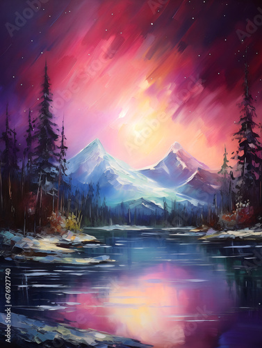 Northern Lights. Landscape. Impressionism style oil painting. © Osadchyi_I