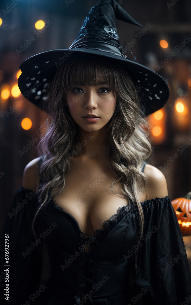 Beautiful Asian sexy woman in a black witch costume. Halloween festival concept. Female in a witch cosplay. Dark mood Halloween poster. Beautiful Asian sexy woman in a black witch costume. Halloween festival concept. Female in a witch cosplay. Dark mood Halloween poster.