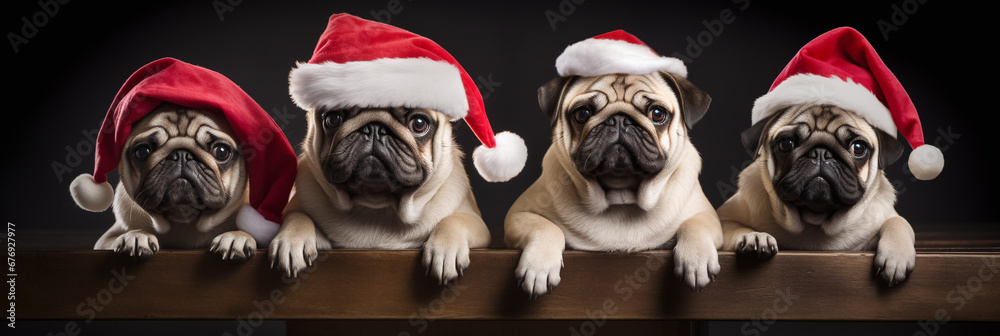 Realistic banner of baby dogs in Santa clothes. Dramatic lighting.