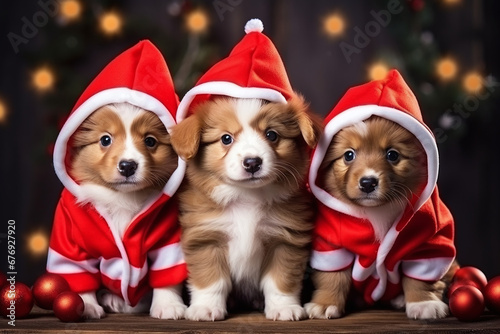 Realistic wallpaper of baby dogs in Santa clothes. Dramatic lighting. © NoOneSaid