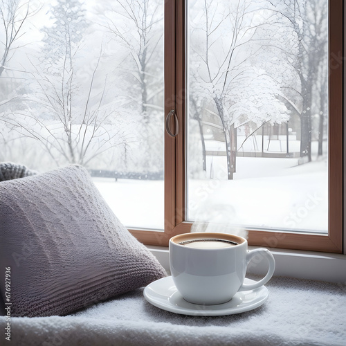 window with view of winter landscape, cup of coffee