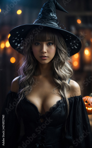 Beautiful Asian sexy woman in a black witch costume. Halloween festival concept. Female in a witch cosplay. Dark mood Halloween poster.