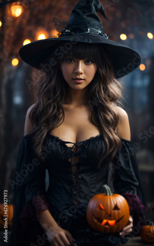 Beautiful Asian sexy woman in a black witch costume. Halloween festival concept. Female in a witch cosplay. Dark mood Halloween poster.