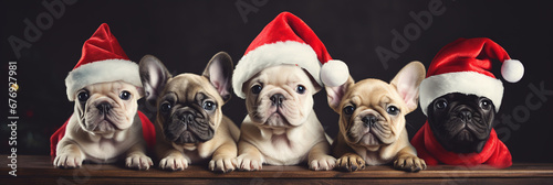 Realistic banner of baby dogs in Santa clothes. Dramatic lighting.