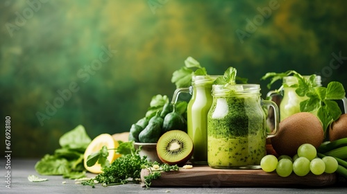 Green fruit and vegetable detox juice. Generation AI photo