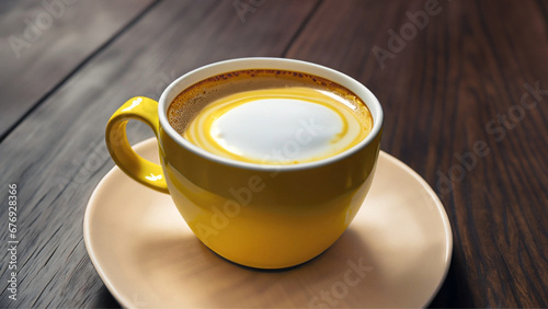 Uma xícara amarela com pires, com café cremoso, sobre uma superfície de madeira. photo