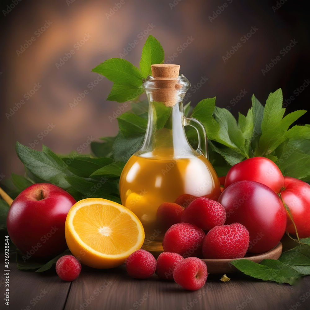 Manzanas naranjas fresas frambuesas sobre una mesa en la que hay también una jarra de cristal transparente con líquido un plato y hojas verdes Manzanas naranjas fresas frambuesas sobre una mesa en la que hay también una jarra de cristal transparente con líquido un plato y hojas verdes