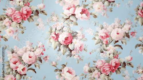 Vintage Dream, 1960s Floral Wallpaper in Light Blue and Pink with a Romantic English Countryside Feel. © Amit