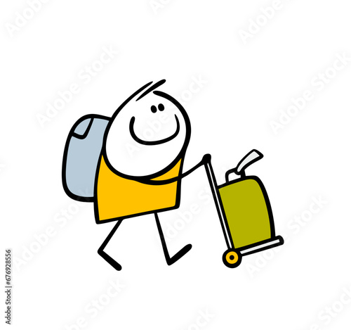 Satisfied passenger of the plane has arrived on trip and is carrying his luggage on trolley. Vector illustration of stickman with suitcase at the airport going to taxi.