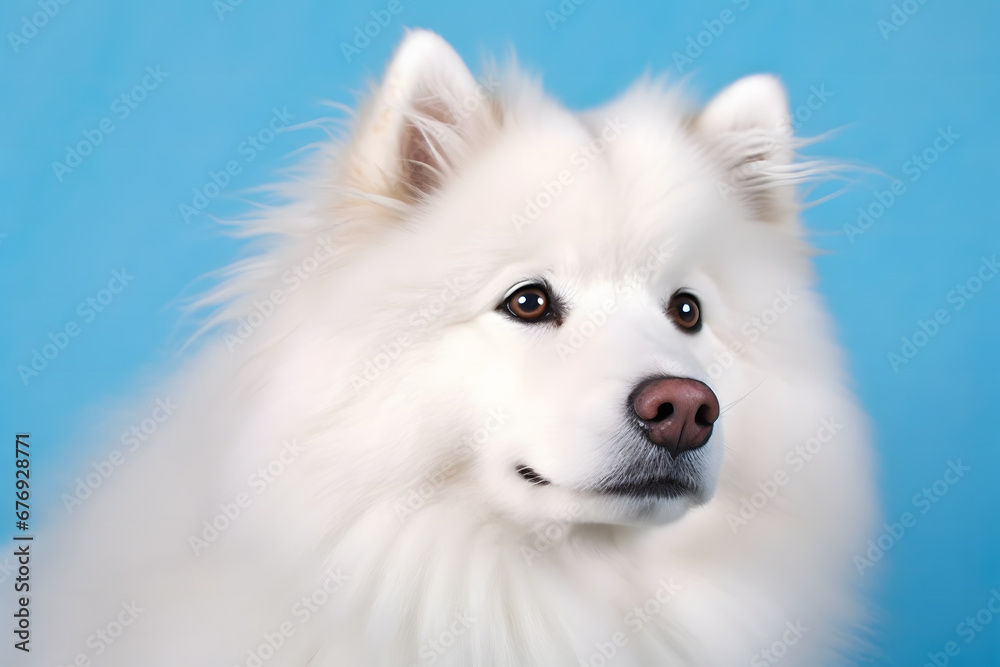 Cute Samoyed dog on blue color background. Neural network AI generated art